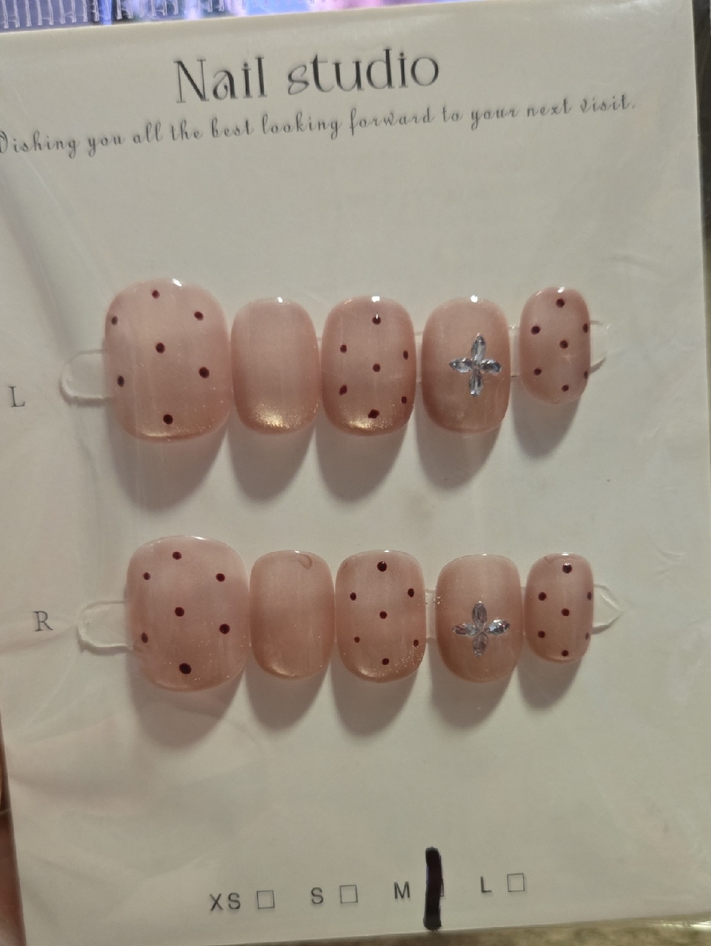 Nude Pink Polka Dot Press-On Nails with Rhinestone Accent